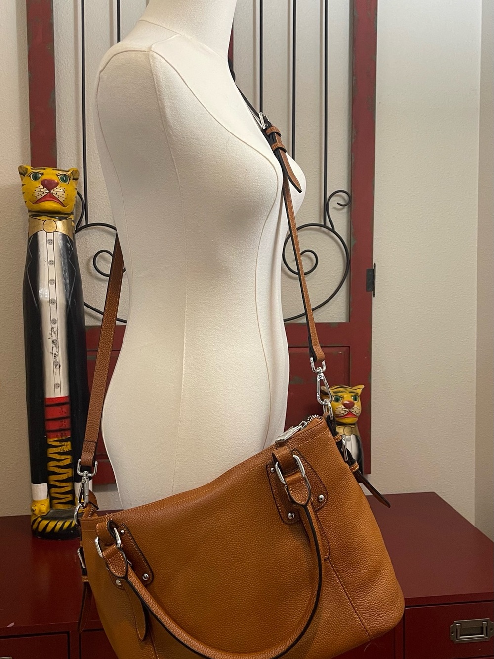 HESHE Cognac Genuine Leather Satchel Shoulder Crossbody Bag - Picture 3 of 11